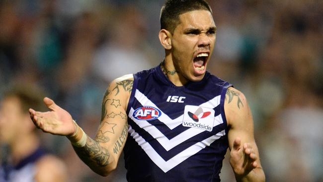 AFL - Fremantle Dockers vs Port Adelaide Power, Patersons Stadium, Perth. Photo by Daniel Wilkins. PICTURED- Fremantle's Michael Walters celebrates a goal in the third term.