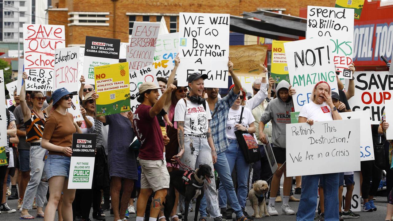 Hundreds of people turned up to protest against Labor's plan to demolish and rebuild the Gabba on Saturday. Picture: NCA NewsWire/Tertius Pickard