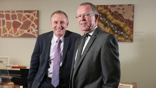 Then-premier Jay Weatherill and Independent MP Geoff Brock in 2014 after Mr Brock announced he will support the Labor Party. Picture: Calum Robertson