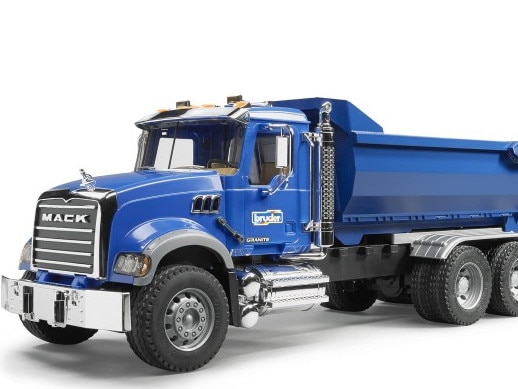 A Bruder 1/16 Mack Granite Half Pipe Dump Truck in blue.