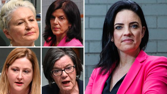 Emma Husar (right) is weighing up whether to join (left, clockwise) Kerryn Phelps, Julia Banks, Cathy McGowan and Rebekha Sharkie on the crossbench.