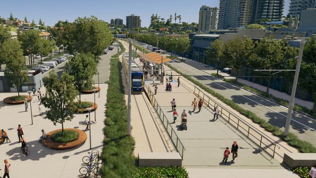 Artist impression of Gold Coast Light Rail Stage 4 between Tugun and Coolangatta, including Gold Coast Airport and the NSW border. Picture: Department of Transport and Main Roads.