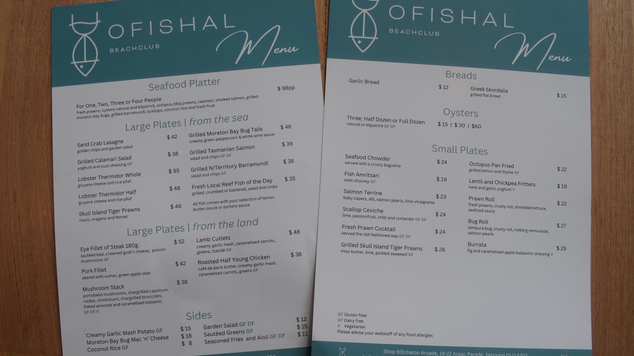 OFISHAL Beachclub menu. Picture: Aden Stokes