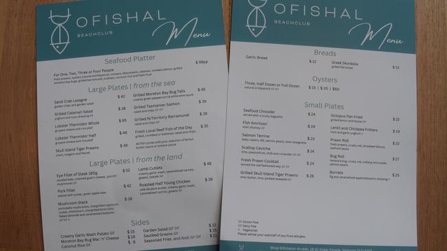 OFISHAL Beachclub menu. Picture: Aden Stokes