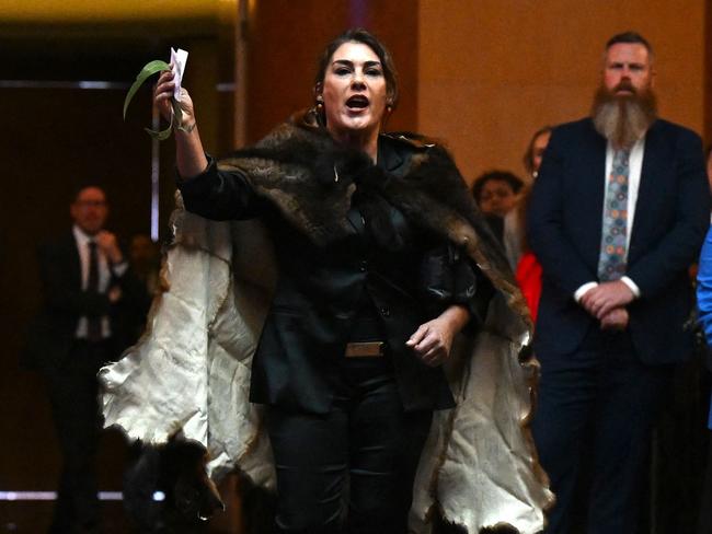 CANBERRA, AUSTRALIA - NewsWire Photos - 21 OCTOBER, 2024:  Australian Senator Lidia Thorpe disrupts proceedings as Britain's King Charles III and Queen Camilla attend a Parliamentary reception at Parliament House in Canberra on October 21, 2024. Picture: NewsWire / POOL / Lukas Coch