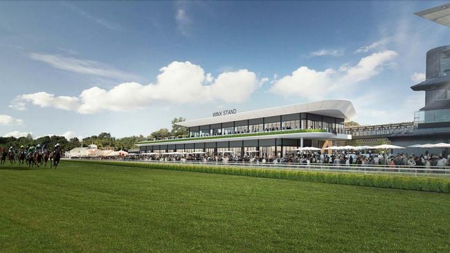 The Winx Stand will be built just south of the existing grandstand at Royal Randwick with a footbridge joining the two stands. Image: Cox Architecture