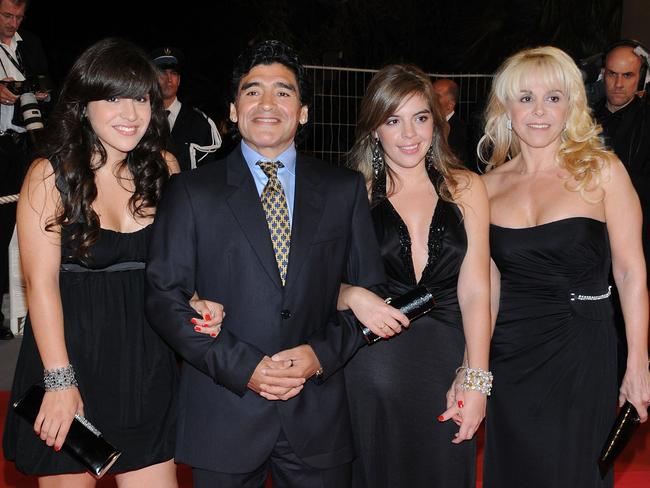 Diego Maradona with former wife Claudia Villafane, right, and daughters Dalma and Giannina. Picture: WireImage