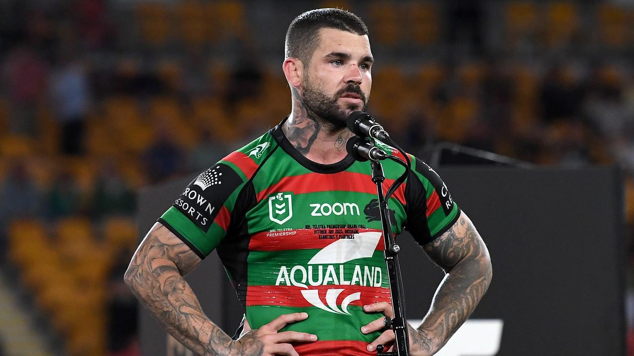 Adam Reynolds of the Rabbitohs talks to the crowd after the 2021 NRL Grand Final. Photo by Bradley Kanaris/Getty Images.