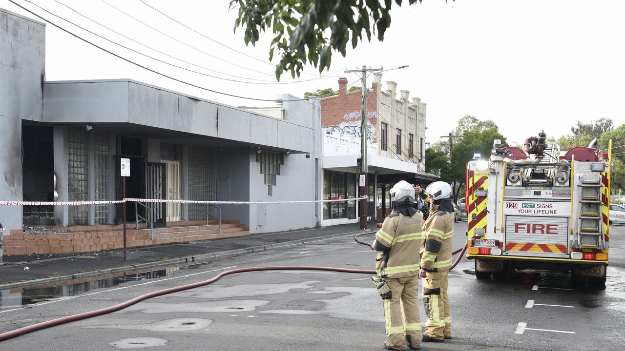 Police and fire crews mop up after a fire at a synagogue at East St Kilda. The Adass Israel Synagogue, an ultra orthodox synagogue in Ripponlea, was attacked about 4am on Friday December 6, Picture: NewsWire/ Andrew Henshaw