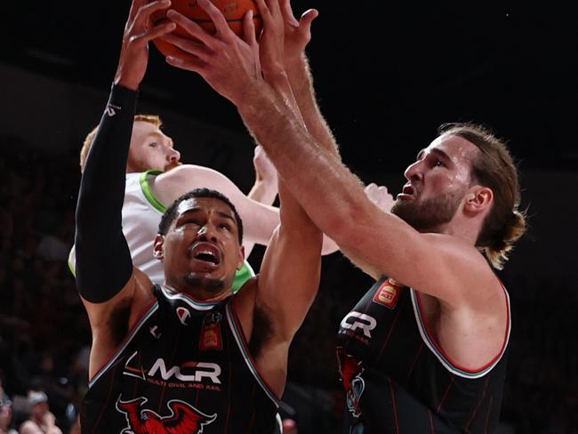 WOLLONGONG, AUSTRALIA - FEBRUARY 28: Trey Kell III of the Hawks and Sam Froling of the Hawks during game one of the NBL Semi Final Series between Illawarra Hawks and South East Melbourne Phoenix at WIN Entertainment Centre on February 28, 2025 in Wollongong, Australia. (Photo by Jason McCawley/Getty Images)