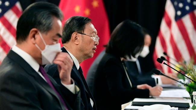 China's Foreign Minister Wang Yi and Central Foreign Affairs Commission Office director Yang Jiechi sit across the table from the Americans in Anchorage, Alaska. Picture: AFP