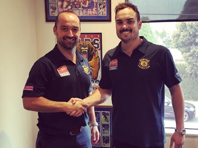 New Banyule coach Paul Harris with football operations manager Jay Brockwell.