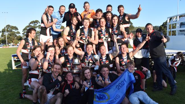 Millicent celebrates winning the Western Border Football League grand final win over South Gambier. Picture: Thomas Miles