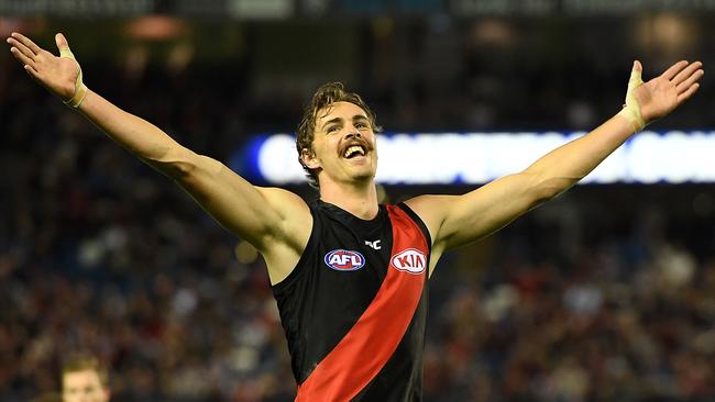 Joe Daniher celebrates a goal for Essendon.