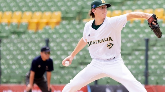 Bushell in action for Australia. Picture: Baseball Australia