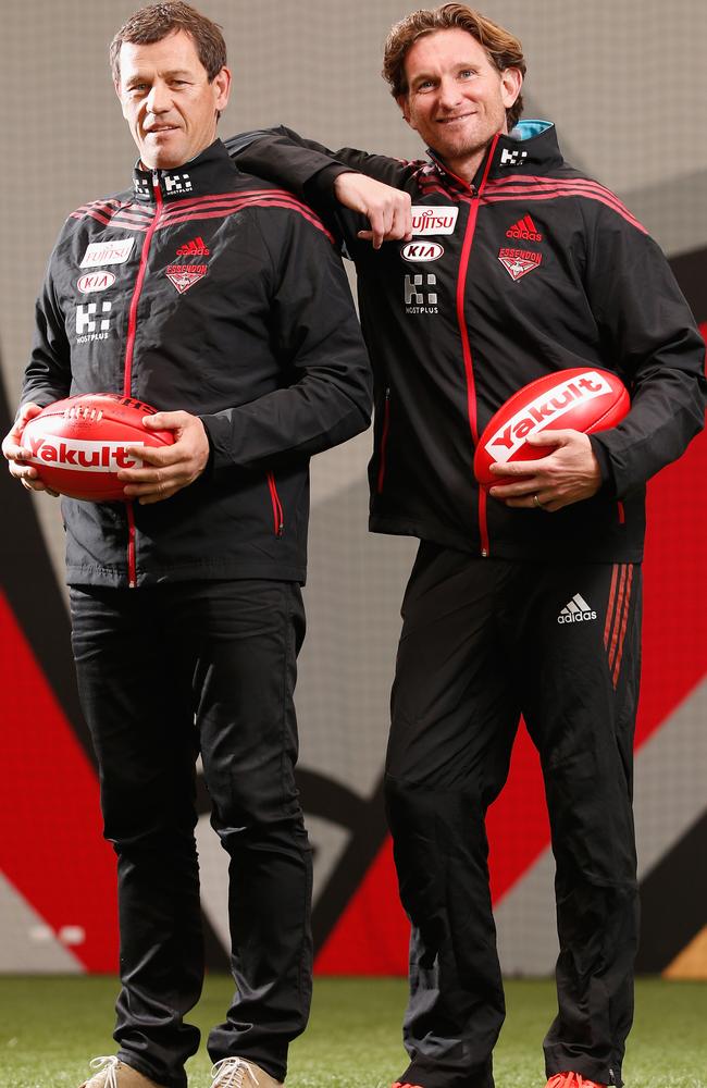 Newly appointed assistant coach, Mark Harvey and senior coach James Hird. Picture: Getty