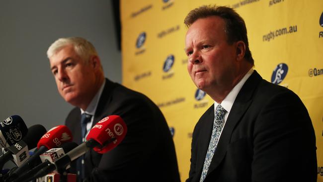 Australian Rugby Union Chairman Cameron Clyne and CEO Bill Pulver at a press conference on the future of Super Rugby after announcement that one Australian team will be dropped from the competition. Picture. Phil Hillyard