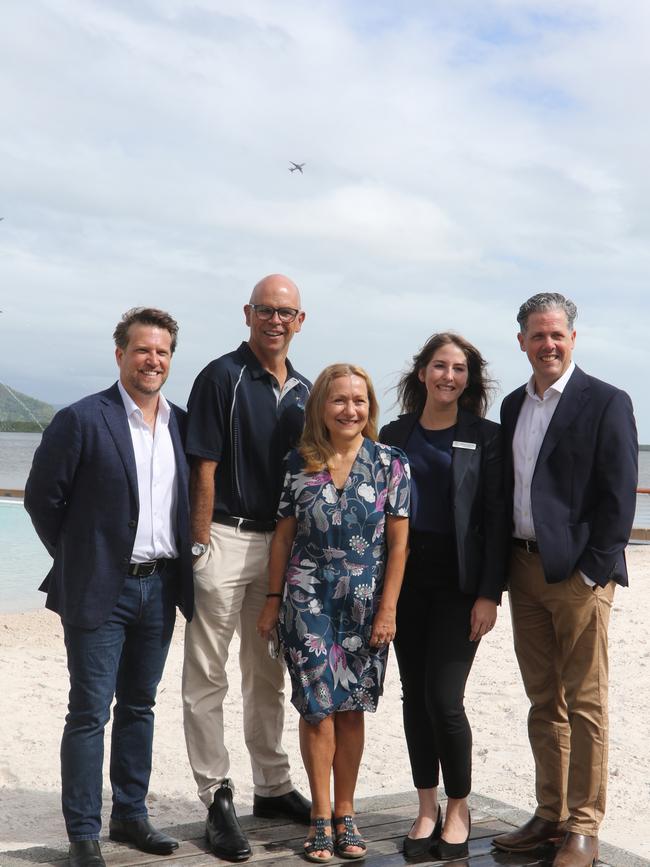 Tourism and Events Queensland Group Executive Ollie Philpot, Cairns Airport chief executive Richard Barker, CAPA Centre for Aviation events director Claudia Kunz, Cairns Convention Centre marketing manager Melissa Belevski and TTNQ chief executive Mark Olsen announce Cairns as the host for the 2025 CAPA Airline Leader Summit Australia Pacific. Photo: Catherine Duffy