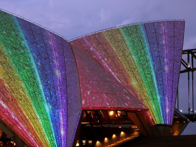 The sails of the Sydney Opera House lit up in December to celebrate the passing of the same-sex marriage laws in Australia. Picture: AAP Image/Ben Rushton