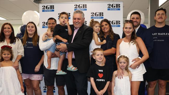 Ray Hadley broke down in tears as his family gathered in the studio during his final day on air. Picture: Rohan Kelly