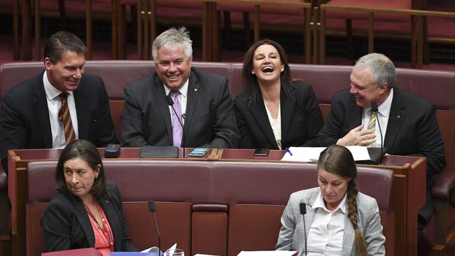 L-R: Senator Cory Bernardi, Centre Alliance Senator Rex Patrick, Independent Senator Jacqui Lambie and Centre Alliance Senator Stirling Griff during debate on the Government's income tax package plan last Thursday. Picture: AAP/Lukas Coch