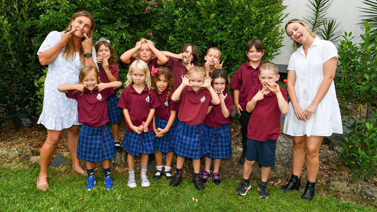 The Pocket Public School Kindergarten class of 2023: Gene Antonio, Zarina Belaazziz, Julian Brinkman-Dorney, Clarence Buchannan, Sage Budini-Drake, Chase Liddle, Koa Lynn, Millie Medeiros, Summer Niemegeers, Elva Passmore, Pixie Phoenix-Coy with teachers Rhianon Glasson and Kelsey Wilson.