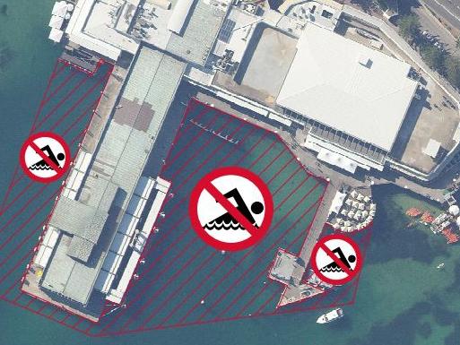 The swimming exclusion zones around Manly Wharf.