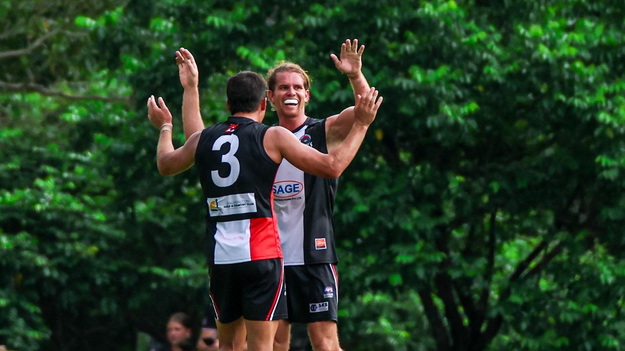 Jed Anderson and Matt Shannon celebrate for Southern Districts in the 2024-25 NTFL season. Picture: Celina Whan / AFLNT Media