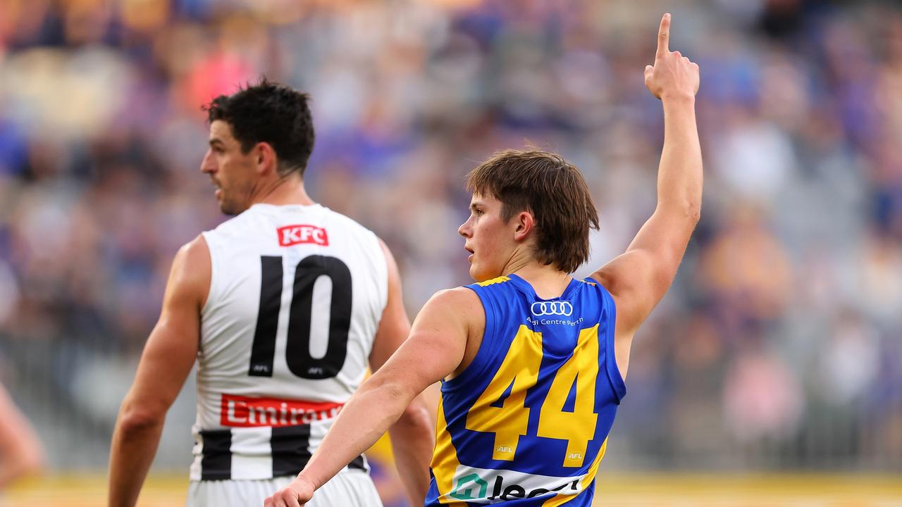 Noah Long celebrates a goal for West Coast. Picture: Paul Kane/Getty Images