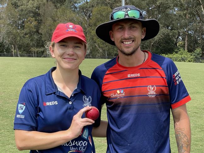 (L-R) Jorja Horan alongside coach Quincy Titterton after taking 5/17 in Gordon’s victory over Manly at Beauchamp Oval, Sunday, November 24, 2024. Picture: Jason Hosken – NewsLocal