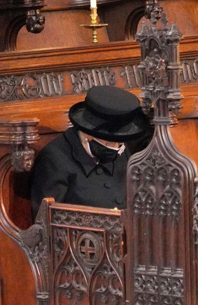 The Queen bows her head during the funeral of Prince Philip on April 17, 2021. Picture: Getty