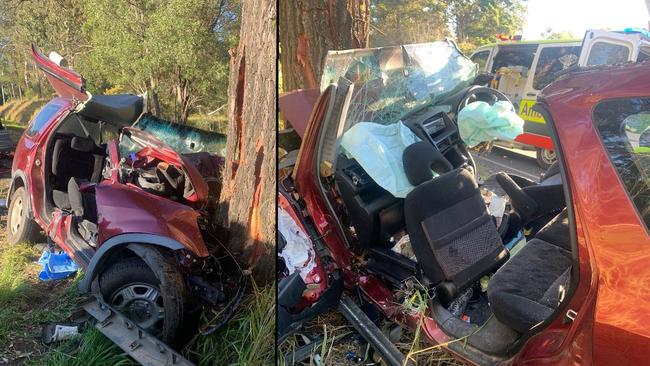 The wreckage of a car a man was trapped in after he hit a tree at high impact on Tin Can Bay Rd early Monday morning. Picture: Contributed