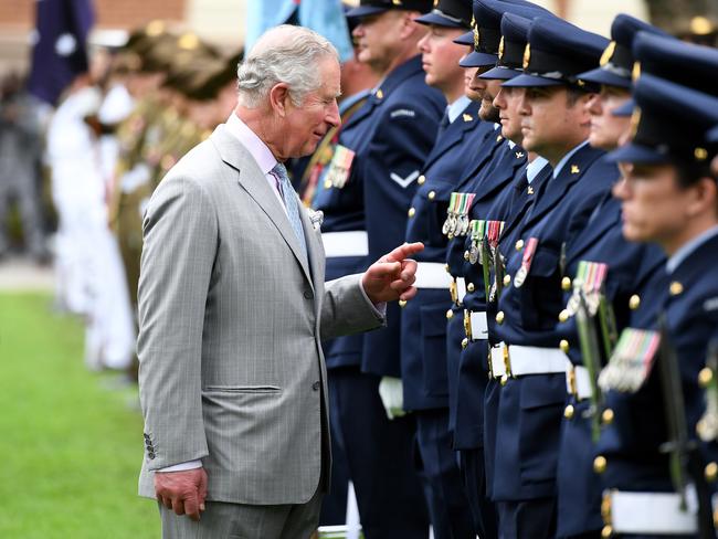 Prince Charles inspects the royal guard during a visit to Brisbane. Picture: Dan Peled/AAP