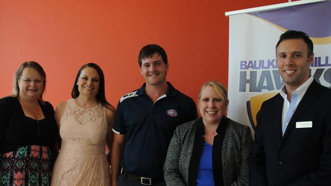 Baulkham Hills Hawks' Kirsten Groll and Kylie Stanmore with AFL NSW's Matthew Mack, Hills Shire Mayor Michelle Byrne and Novotel Norwest's Mark Newey at the launch of the Youth Girls season on March 19.