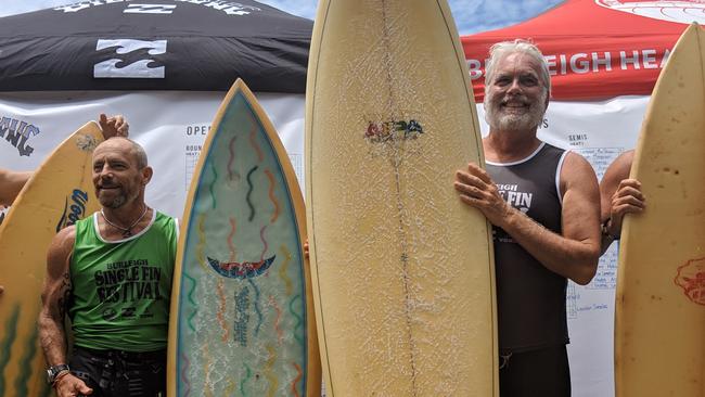 Brad Gerlach, Tom Carroll, Surf World surf museum patron Peter Harris and Mark “Occy” Occhilupo in the Legends final of the 2019 Burleigh Boardriders Single Fin. Picture: Angela Collins