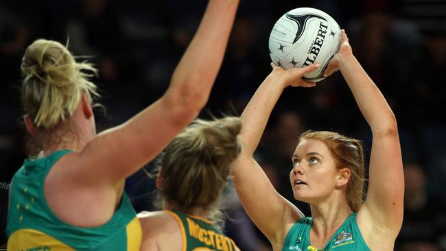 Stephanie Wood shoots for Australia against South Africa. Will she front against the Thunderbirds? Picture: Michael Bradley.