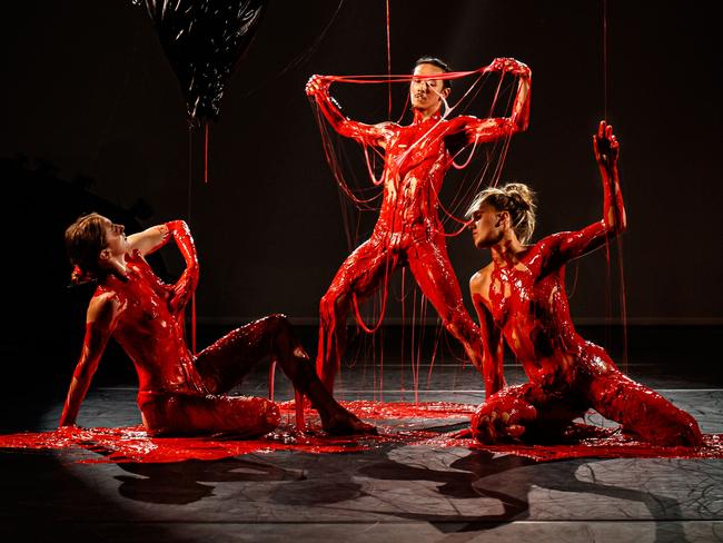 Dancers Ally Clarke, James Vu Anh Pham and Darci OÃ¢â¬â¢Rourke Covered in Red Slime on February 17, 2021. The scene is a part of Supernature, Australian Dance Theatre's new work for the Adelaide Festival. Picture Matt Turner.