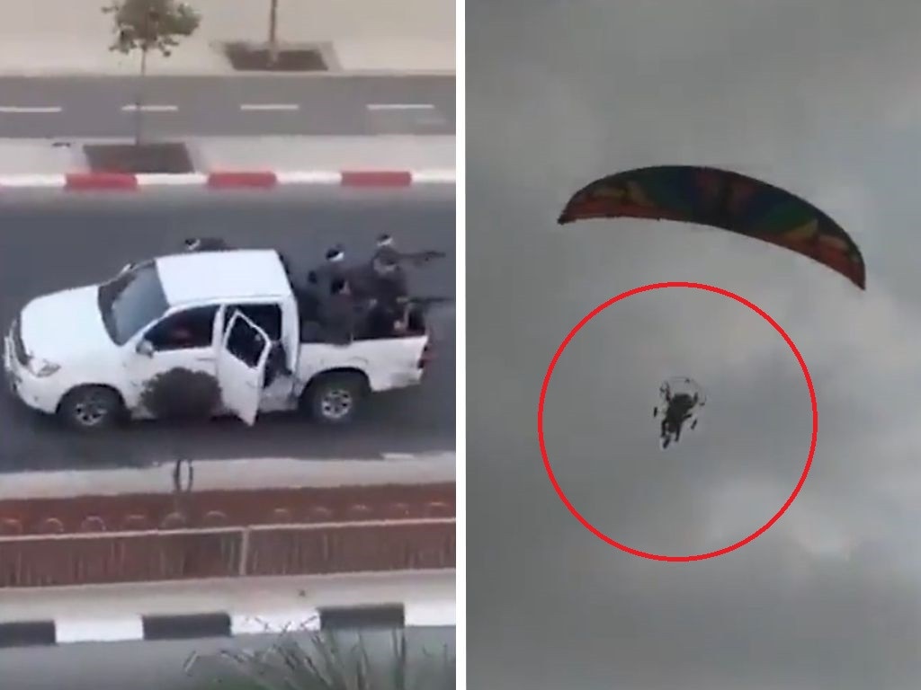 Militants in Sderot (left). A paraglider flies into Israel from Gaza (right). Picture: Supplied