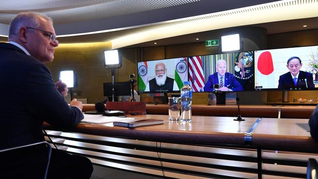 Prime Minister Scott Morrison meets with participating Quad leaders US president Joe Biden, Japanese Prime Minister Yoshihide Suga and Indian Prime Minister Narendra Modi. Picture: AAP Image/Pool/Dean Lewins