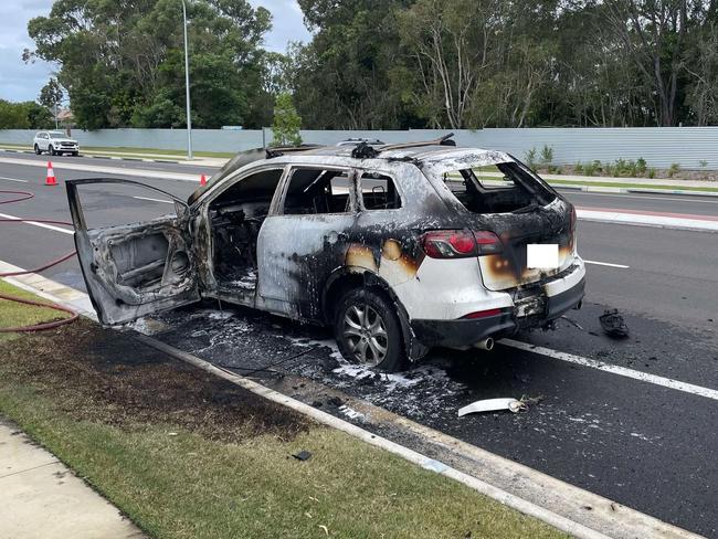 Allegedly stolen car catches fire at Hervey Bay on Monday, February 17, 2025.