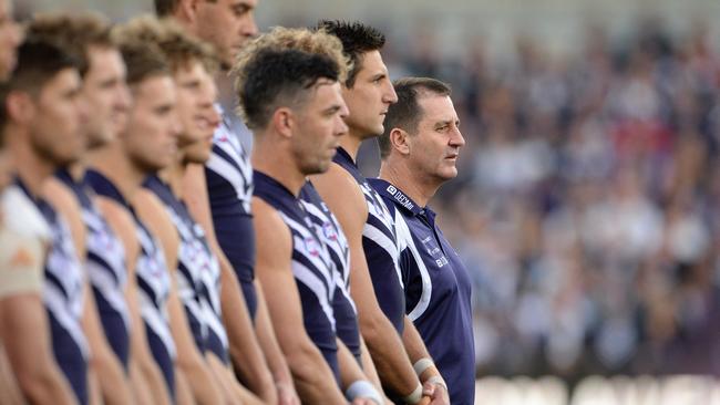 AFL - Fremantle Dockers vs Port Adelaide Power, Patersons Stadium, Perth. Photo by Daniel Wilkins. PICTURED- Fremantle's coach Ross Lyon watches on during the pre game ceremony.