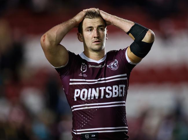 SYDNEY, AUSTRALIA - JUNE 17: Lachlan Croker of the Sea Eagles looks dejected after losing the round 15 NRL match between the Manly Sea Eagles and the North Queensland Cowboys at 4 Pines Park, on June 17, 2022, in Sydney, Australia. (Photo by Cameron Spencer/Getty Images)