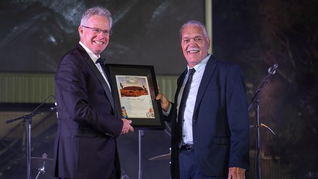 Sean Bowden and Norman Hagen at the 2023 AFLNT Hall of Fame. Picture: Pema Tamang Pakhrin