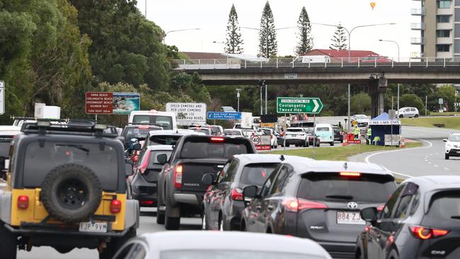 Traffic at the NSW-Queensland border at Tweed Heads on Sunday. Picture: Jason O'Brien