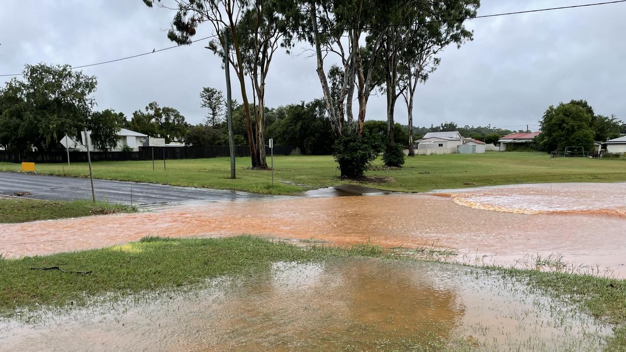 Flooded roads in Kingaroy on Tuesday morning after the region experienced a night of heavy rain.