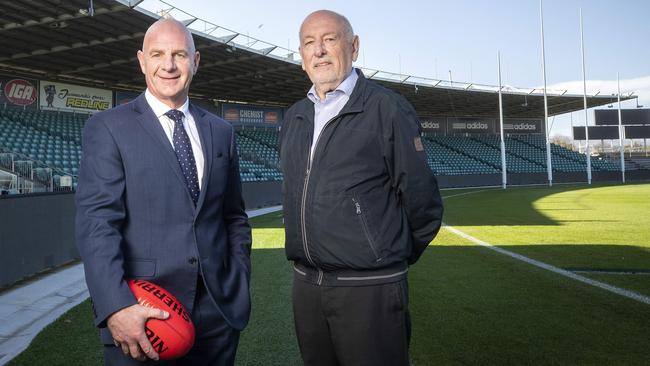 Tasmanian Premier Peter Gutwein and former Geelong President Colin Carter at UTAS Stadium, Launceston. Picture: Chris Kidd