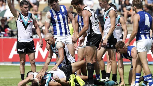 Port’s Paddy Ryder and Robbie Gray collide on Saturday. Picture: Sarah Reed