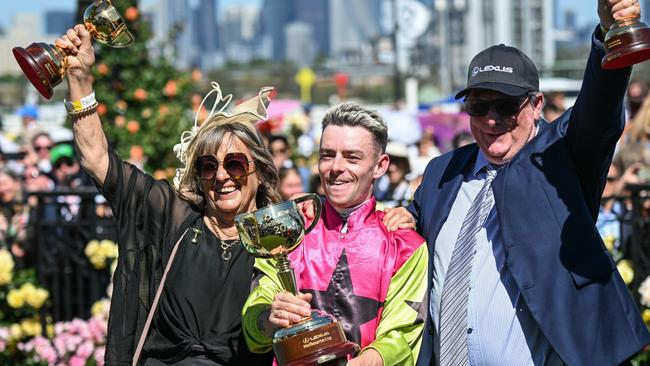 Sheila Laxon , Robbie Dolan and John Symons after winning the Lexus Melbourne Cup with Knight's Choice at Flemington Racecourse on November 05, 2024 in Flemington, Australia. (Photo by Reg Ryan/Racing Photos via Getty Images)