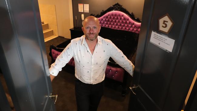 Mr Gilmore shows of one of the suites at the Gold Coast brothel, which is open 24hours. Picture: Glenn Hampson.