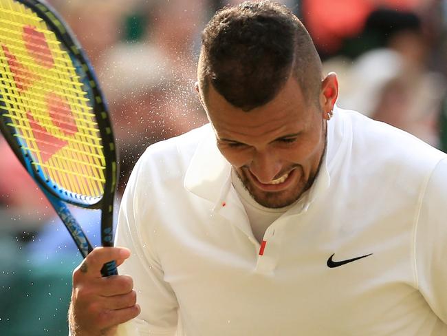 LONDON, ENGLAND - JULY 04: Nick Kyrgios (AUS) reacts against Rafael Nadal (ESP) during their Gentlemen's Singles 2nd Round match on Day 4 of The Championships - Wimbledon 2019 at the All England Lawn Tennis and Croquet Club on July 4, 2019 in London, England. (Photo by Simon Stacpoole/Offside/Getty Images)